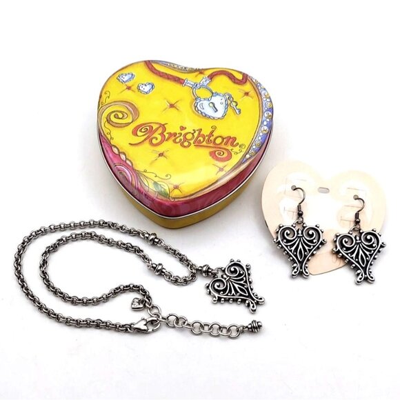 Brighton Capri Heart 2 PC Silver Plated Necklace Earrings Set w/ Collectible Tin - Picture 1 of 6